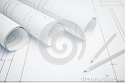 Architectural plan and pencils Stock Photo
