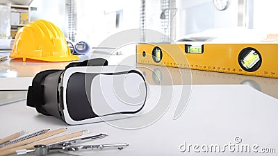 architectural reality virtual office desk background construction project planning concept, with drawing equipment Stock Photo