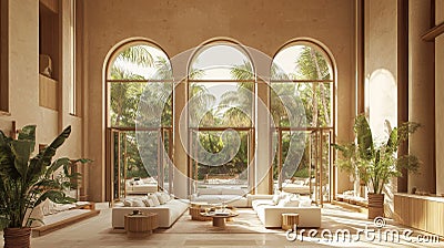 Architectural rendering illustrating the openness and elegance of the architecture with grand columns and large windows Stock Photo
