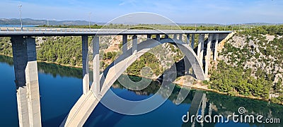 Architectural Serenity: A Bridge& x27;s Grace over Croatia& x27;s Krka River Stock Photo