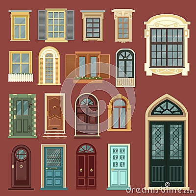 Architectural Set of European Vintage Doors and Windows Vector Illustration