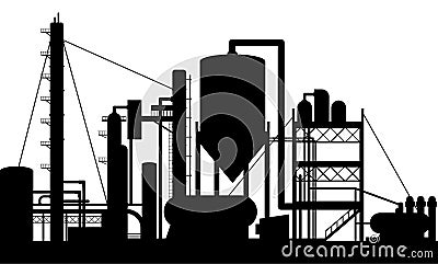 Architectural silhouette of the factory building complex with high chimneys Vector Illustration