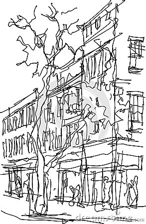 Architectural sketch of a business street with tree and buildings Vector Illustration