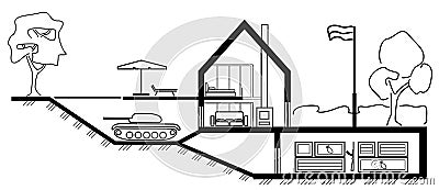 Architectural sketch cottage section with underground hidden tank in basement on white background Vector Illustration