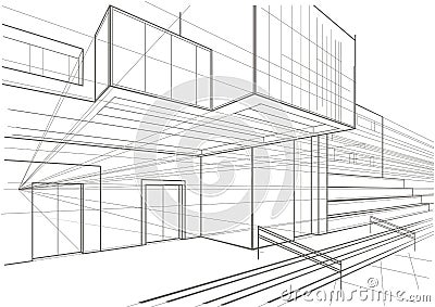 Architectural sketch of a cubic building Vector Illustration