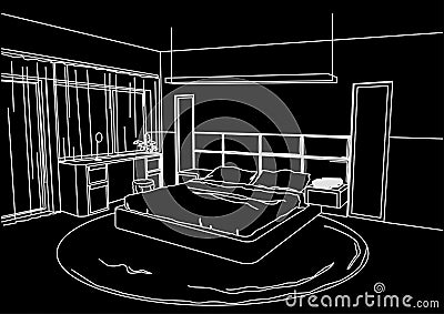 Architectural sketch interior modern bedroom black background Vector Illustration