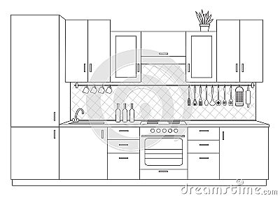 Architectural sketch interior small kitchen front view Vector Illustration