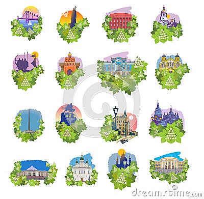 Architectural symbols of Kyiv, colorful icon illustrations Cartoon Illustration