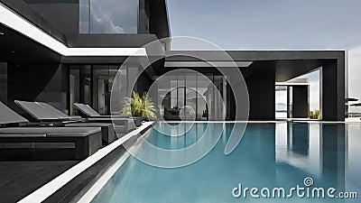 Pool area architecture with black finish aesthetic furniture in extreme zoomed out ai generated Stock Photo