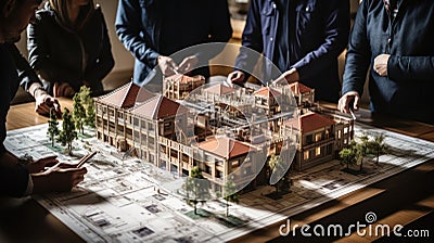 Architecture and construction concept with model of a house on table and group of architects Stock Photo