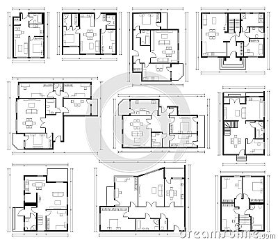 Architecture design, blueprint plan. Set of different black and white house floor plans isolated on white Stock Photo