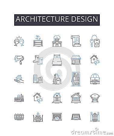 Architecture design line icons collection. Building design, Structural engineering, Urban planning, Landscape Vector Illustration