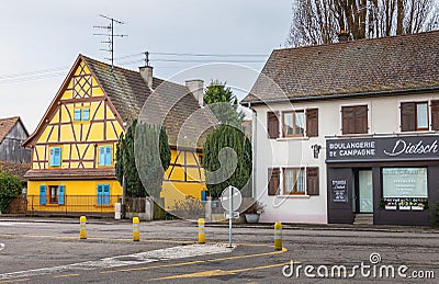 Architecture detail of a small village bakery on a winter day Editorial Stock Photo