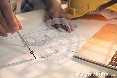 Architecture drawing plan on blue print with architect tools Stock Photo