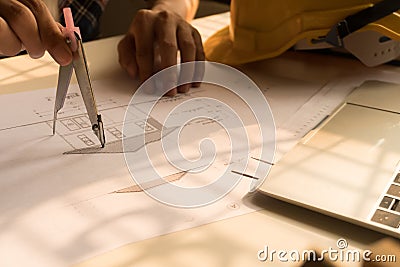 Architecture drawing plan on blue print with architect tools Stock Photo