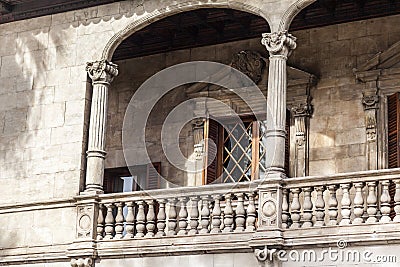 Architecture element, medieval facade building, arch balcony in Editorial Stock Photo