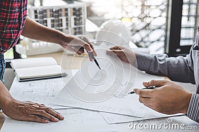 Architecture Engineer Teamwork Meeting, Drawing and working for Stock Photo