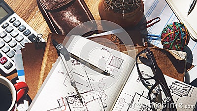 Architecture Engineering Design Sketch Table Concept Stock Photo