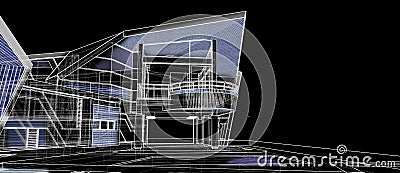 Futuristic Elegance: 3D Wireframe Rendering of Architectural Exterior Facade Design Stock Photo