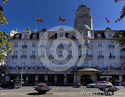 Architecture of an exterior view of the famous Grand Hotel in Oslo Norway Editorial Stock Photo