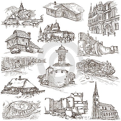 Architecture, Faous places - Collection of freehand sketches Cartoon Illustration