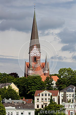 Architecture of Flensburg with the St. Jurgen church Stock Photo