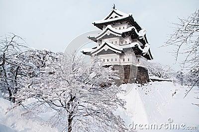 Architecture of Hirosaki Castle in winter season, covered with w Stock Photo