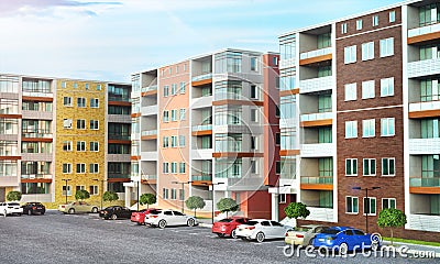 Architecture. Houses residential area with parking Cartoon Illustration