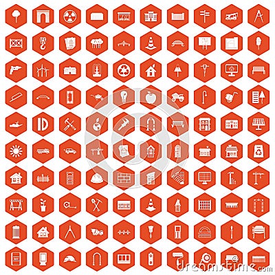 100 architecture icons hexagon orange Vector Illustration