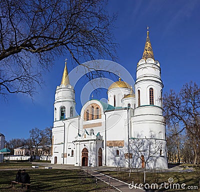 Architecture of Kievan Rus. Beautiful white old church with golden domes in Chernihiv, Ukraine Editorial Stock Photo