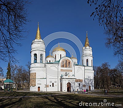 Architecture of Kievan Rus. Beautiful white old church with golden domes in Chernihiv, Ukraine Editorial Stock Photo