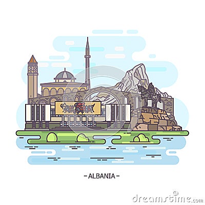 Albania landmark buildings, architecture monument Vector Illustration