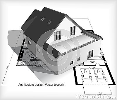 Architecture Model House On Top Of Blueprints Vector Illustration