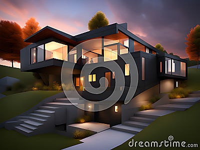 Architecture modern design, concrete house, night scene Stock Photo