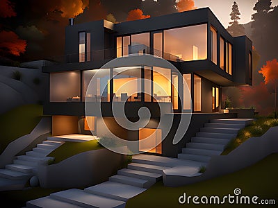 Architecture modern design, concrete house, night scene Stock Photo