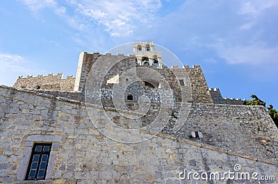 Architecture of the monastery of Saint John the Theologian in Patmos island, Dodecanese, Greece Stock Photo