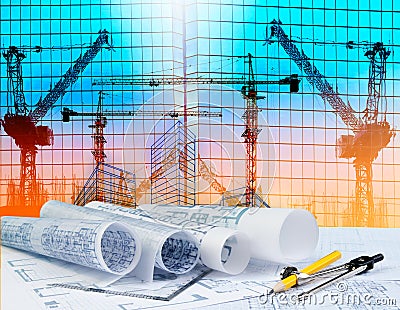 Architecture plan on architect working table with building and r Stock Photo