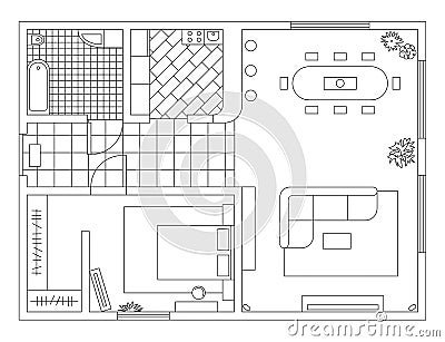 Architecture plan with furniture in top view. Coloring book Vector Illustration