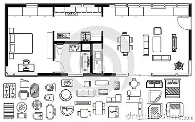 Architecture plan with furniture in top view Vector Illustration