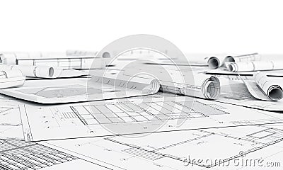 Architecture plan and rolls of blueprints. Stock Photo