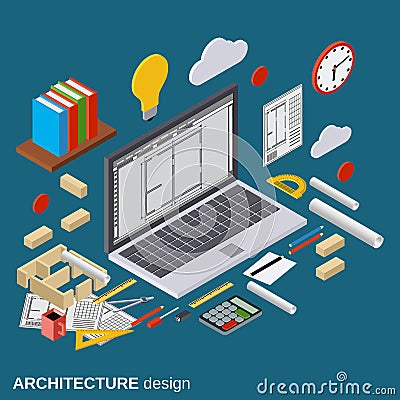 Architecture planning, interior project, architect workplace vector illustration Vector Illustration