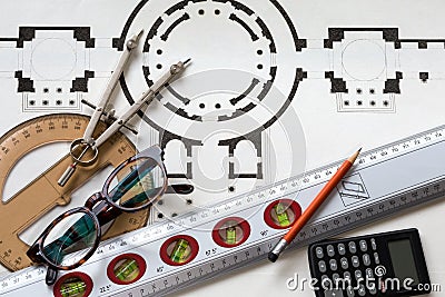 Project architecture with an old historic plan and useful tools. Vector Illustration