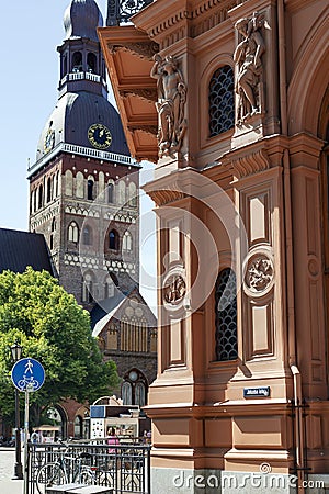 Architecture Riga Stock Exchange building and Dome Cathedral in Riga Old Town Editorial Stock Photo