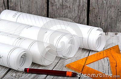 Architecture rolls architectural plans architect blueprints Stock Photo