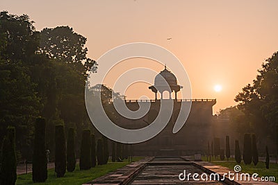 The architecture of the Taj Mahal is an ivory-white marble mausoleum on the south bank of the Yamuna River in the city of Agra Stock Photo