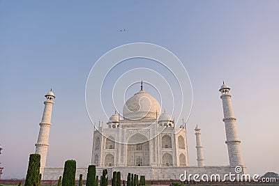 The architecture of the Taj Mahal is an ivory-white marble mausoleum on the south bank of the Yamuna River in the city of Agra Stock Photo
