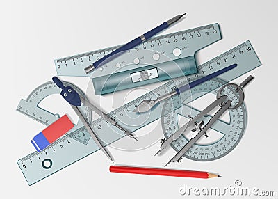 Architecture tools. Architect drafting stationery top view. Realistic math protractor. Rulers and compass. Technical Vector Illustration
