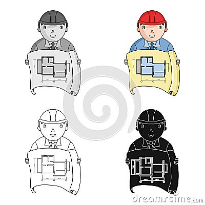 Architectz with technical drawing icon in cartoon style isolated on white background. Architect symbol stock vector Vector Illustration