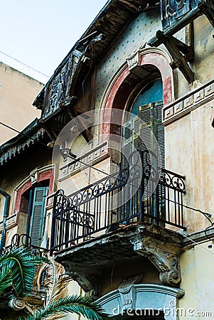 Architeture Details of Abandoned Hundred Years Old House, balconies Stock Photo