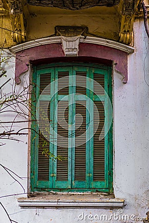 Architeture Details of Abandoned Hundred Years Old House, Window Stock Photo